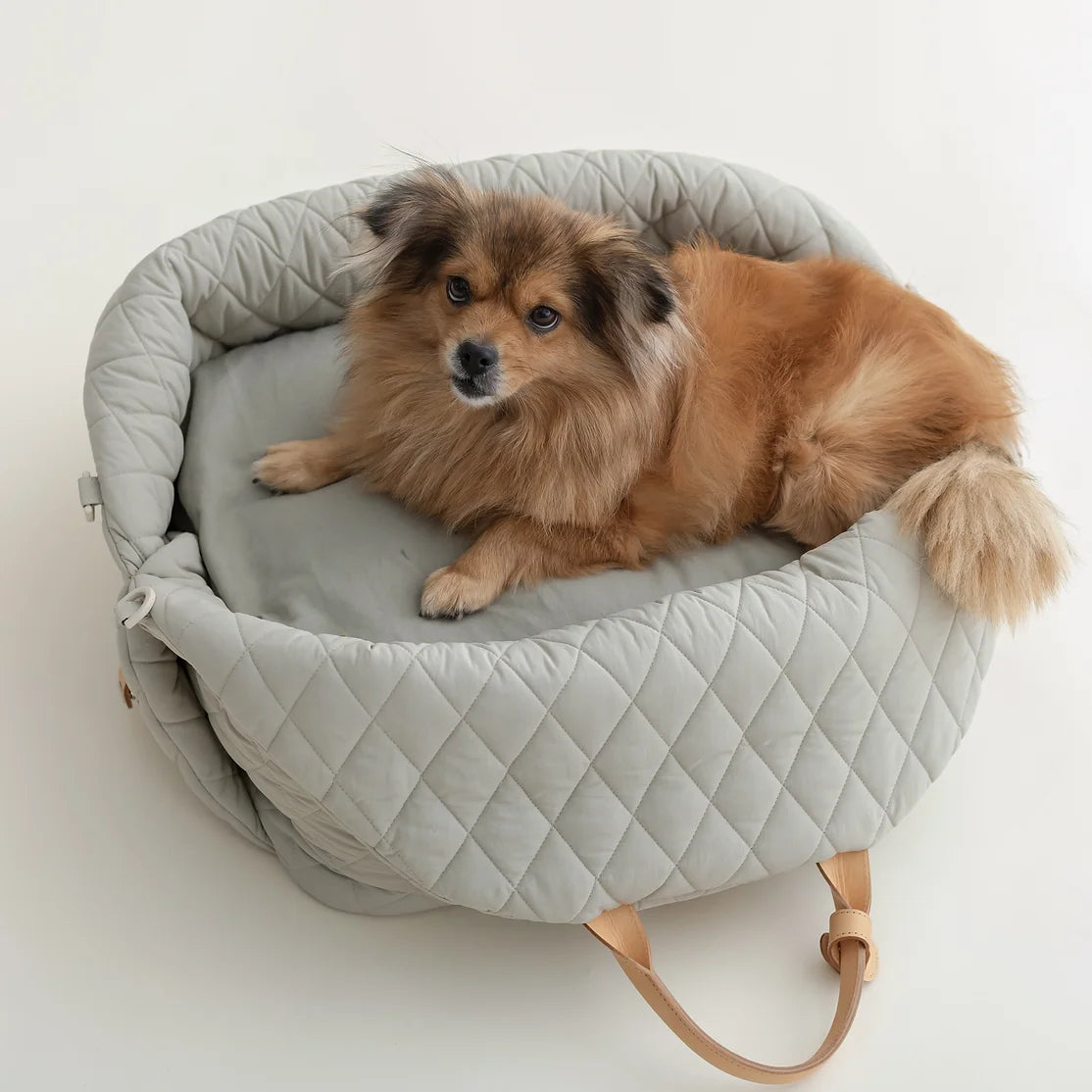 Ruby Max & Minette, A gray, quilted dog carrier or pet bed with leather accents and adjustable straps. A small, fluffy, brown dog with a black muzzle and ears is sitting inside a gray quilted pet bed, looking directly at the camera.