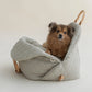Ruby Max & Minette, A gray, quilted dog carrier or pet bed with leather accents and adjustable straps. A small, fluffy, brown dog with a black muzzle and ears is sitting inside a gray quilted pet bed.